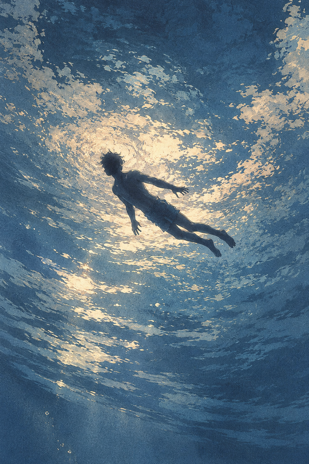 Peinture d'un homme dans l'eau avec la lumière du ciel derrière lui
