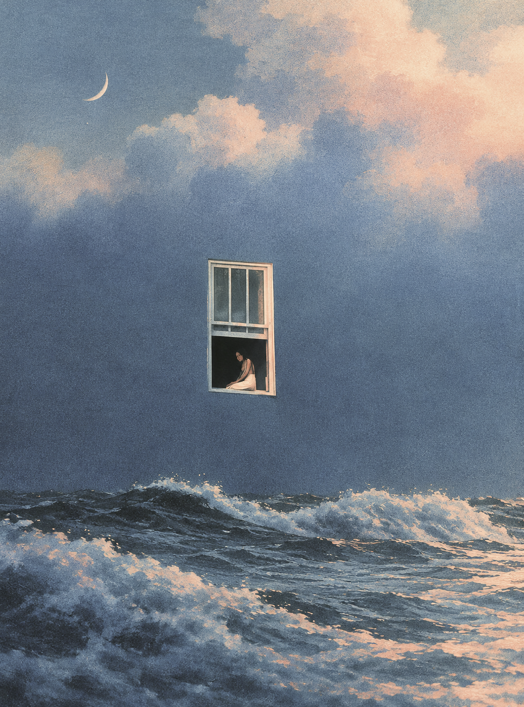 Image surréaliste avec une fille assise au bord de la fenêtre dans le ciel regardant les vagues en-dessous